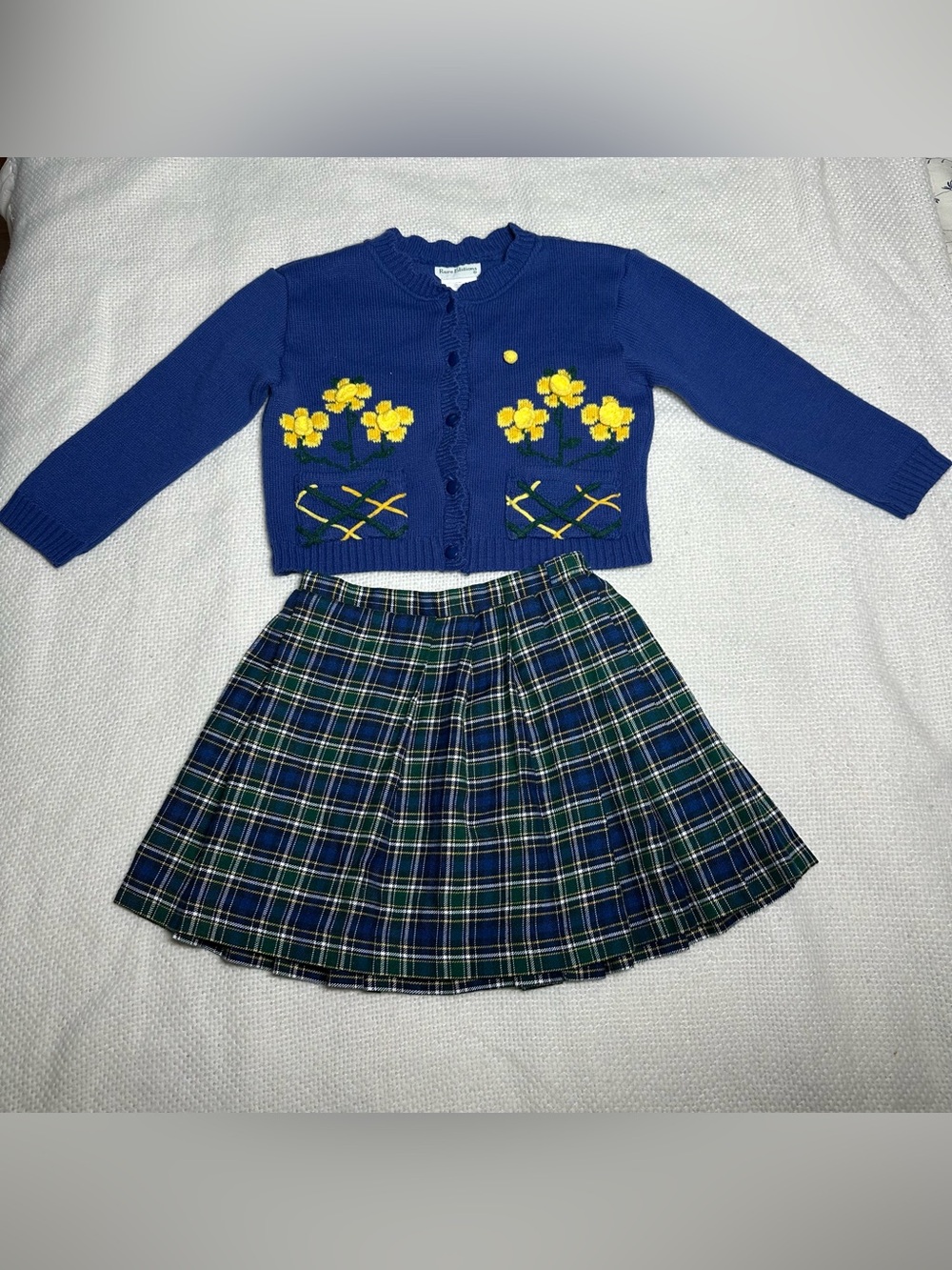 Vintage 90s Rare Editions Flower Sweater & Plaid Skirt Set Sz 5